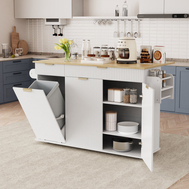 Îlot de cuisine 51 po avec rangement et prise de courant, chariot à îlot de cuisine roulant avec poubelle de rangement, support à épices, porte-serviettes, îlots de cuisine sur roulettes avec rangement, table d'îlot portable pour la cuisine