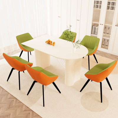 Table de salle à manger à finition crème et 6 chaises en polyuréthane, multifonctionnel, facile à assembler, teinture, design industriel moderne pouvant accueillir 4 à 8 personnes, rembourrage en éponge haute densité