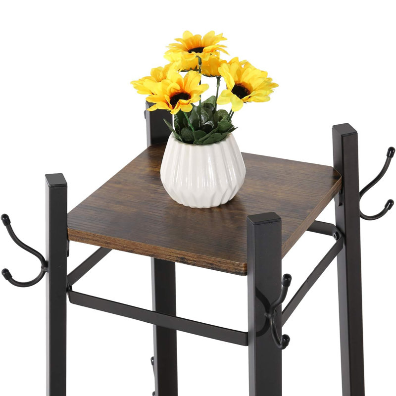 Portemanteaux de style industriel amélioré: 2 tablettes, panier en métal et 8 crochets doubles, Brun