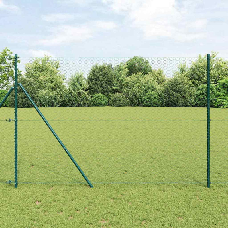 Vidaxl Fence With Posts PVC-Coated Steel, Green, 150cm H x 2500cm W x 3.2cm D