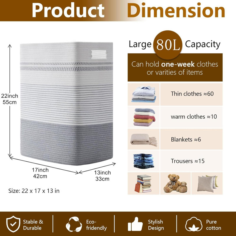 Laundry Hamper,  Woven Rope Tall Laundry Basket With Handles, Decorative Storage Basket For Clothes And Blankets In Living Room, Bedroom