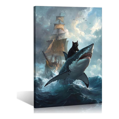 Framed Funny Black Cat Canvas Wall Art Quirky Cat Riding Shark Ocean Adventure Wall Decor Pictures Funny Animal Poster Prints For Living Room Bedroom Bathroom Home Decoration 16X24in