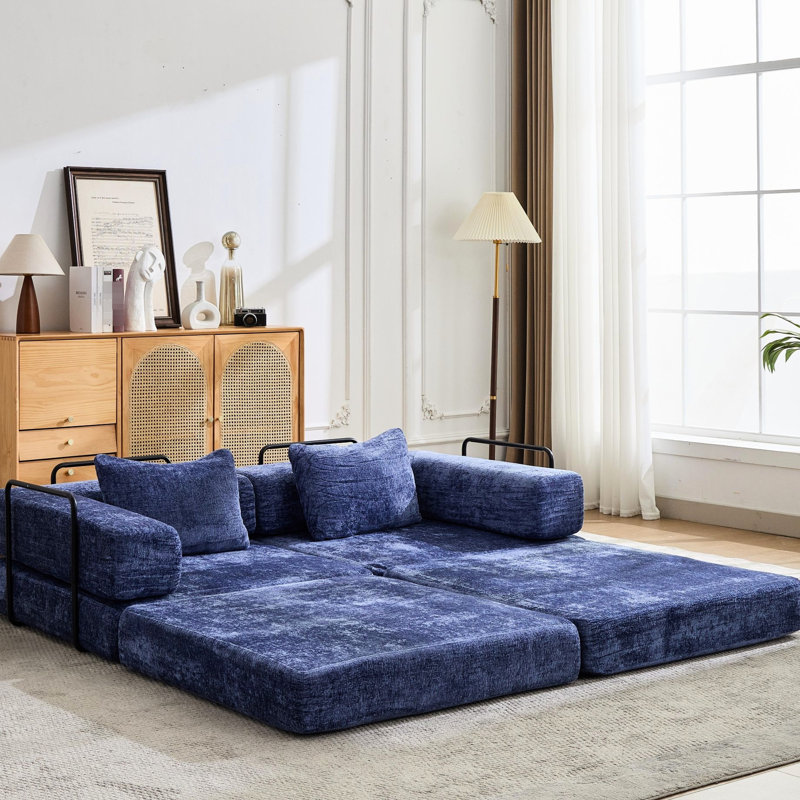 Lit de sol à compression à 2 places bleu foncé, convertible avec structure de forme fixe, tissu chenille, aucun assemblage requis pour les dortoirs