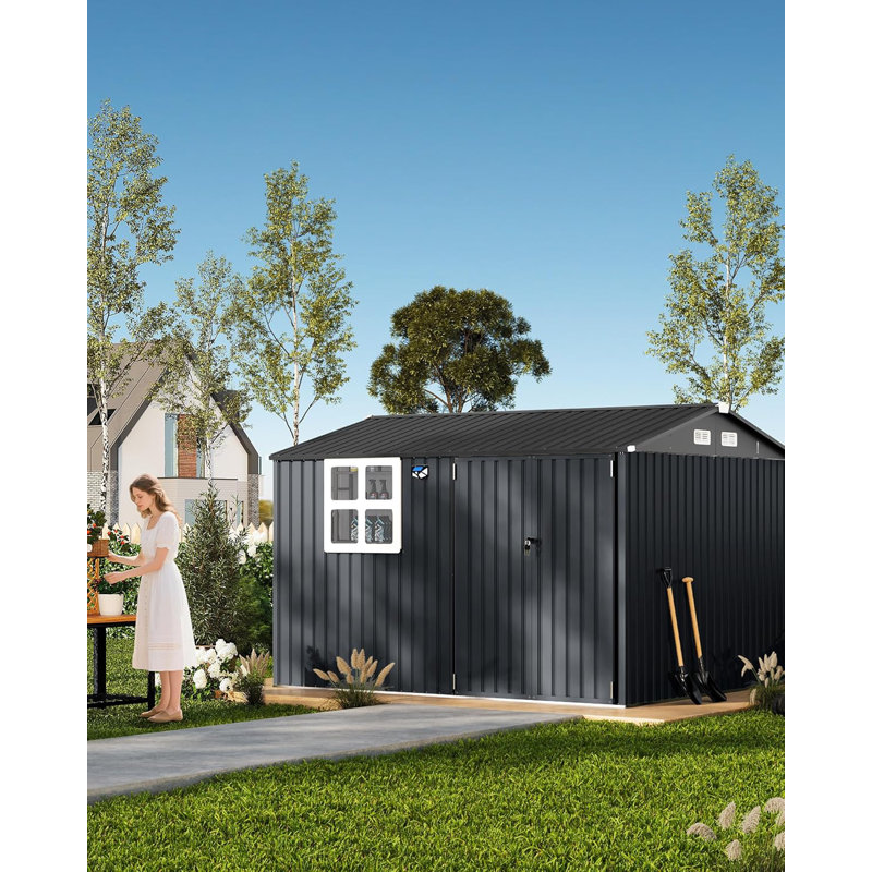 10x8FT Metal Storage Shed with Sloped Roof, Lockable Doors, Solar Light, Windows, and Vents, Outdoor Storage Sheds for Garden, Backyard, Patio Tools