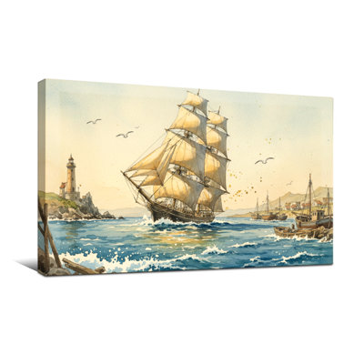 Nautical & Beach Sailing Ship Coastal Landscape Lighthouse Seagulls Waves Harbor