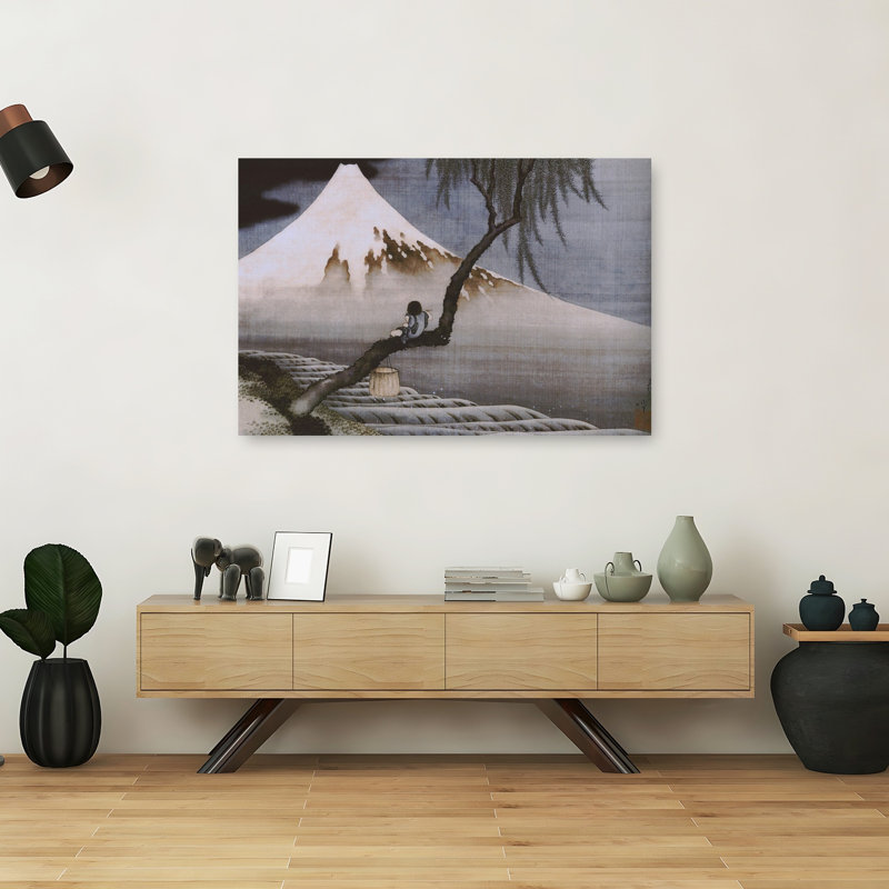 Boy On Mt Fuji Classic Traditional Abstract Orchid Mountain Tree Wall Art Print by Katsushika Hokusai - Wrapped Canvas Print