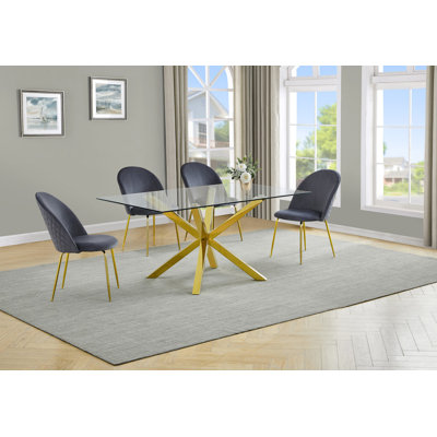 Ensemble de salle à manger de table 63 "x 39" en verre avec chaises d'appoint rembourrées et base dorée