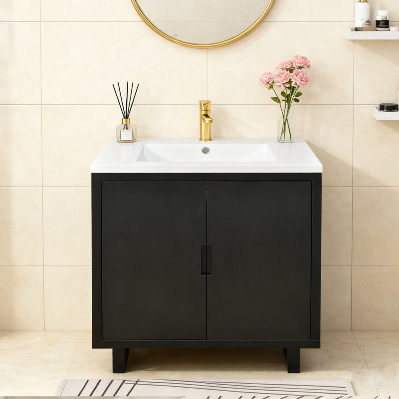 Ensemble de meuble-lavabo à cadre en bois 30 po avec lavabo Euyif, Noir mat