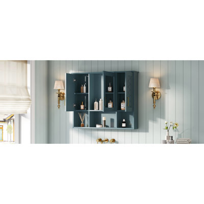 Armoire à pharmacie de 35 pouces 21 avec tablettes réglables, fermeture en douceur et miroir pour meuble-lavabo, finition moderne peinte bleue, fixation murale de 35 po