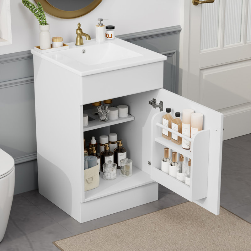 Meuble-lavabo de salle de bain avec lavabo, meuble-lavabo avec tablette de porte et tablette, Argent argent, Blanc