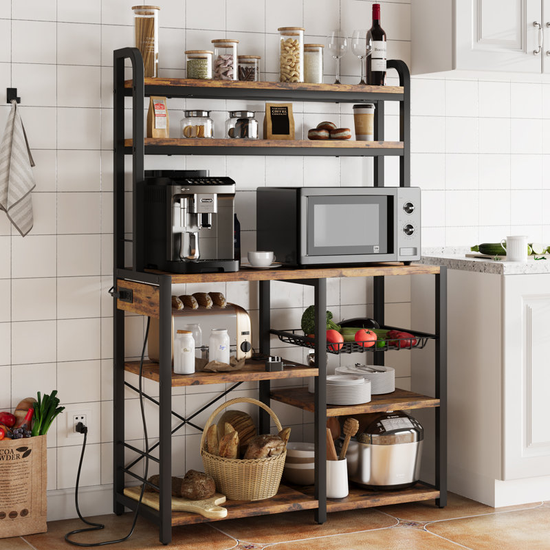Support à micro-ondes à 6 niveaux avec prise de courant, grande étagère de rangement d'une capacité de 150 lb, organisateur en bois d'ingénierie et cadre en fer pour cuisine, garage, garde-manger, brun