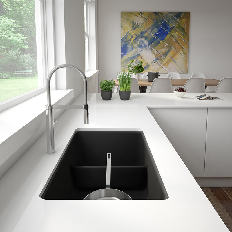 Precis SILGRANIT 33" L x 18" W Double Bowl Undermount Kitchen Sink with Low Divide, Café Brown