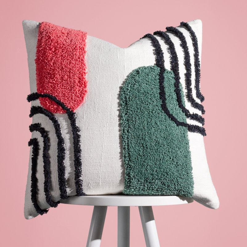 Almyra Abstract Square Throw Cushion, White/Black/Green/Pink