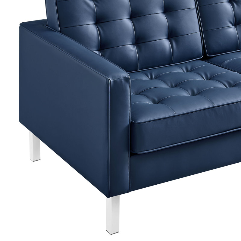 Loft Tufted Vegan Leather Loveseat, Faux Leather Navy