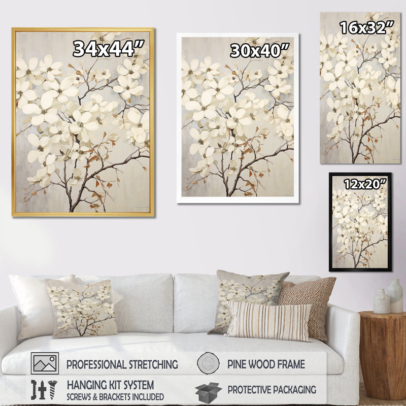 Harmonie blanche sur fond de cornouiller blanc sur toile, Cadre simple argenté, H 44 po x l 34 po x P 1,5 po