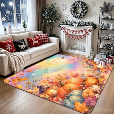 Tapis Vibrant Autumn Harvest, conception fantaisiste de citrouilles et de feuilles au clair de lune, tapis de sol intérieur confortable pour le salon, la chambre à coucher, la cuisine et le vestibule, décoration intérieure unique, collection Festive Fall