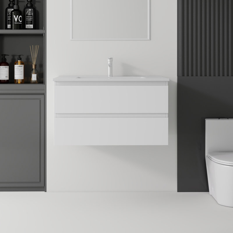Flottant, meuble-lavabo de salle de bain avec lavabo, avec tiroir à fermeture en douceur, lavabo en céramique, contreplaqué, gris