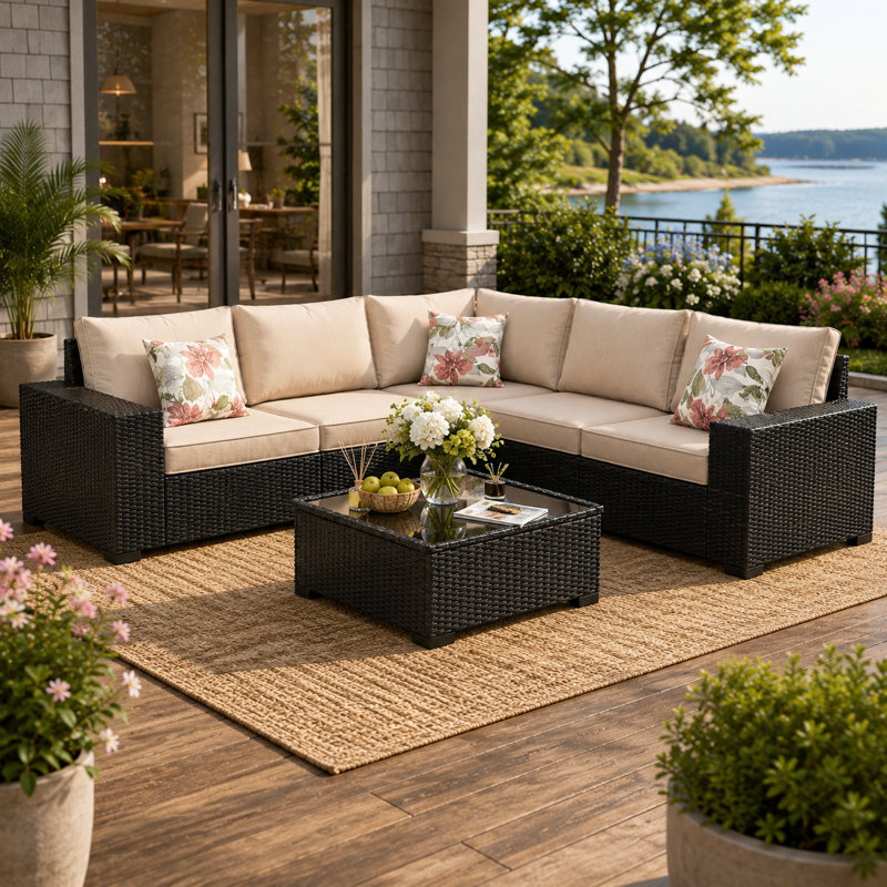 Beige Wicker Outdoor Sectional Set