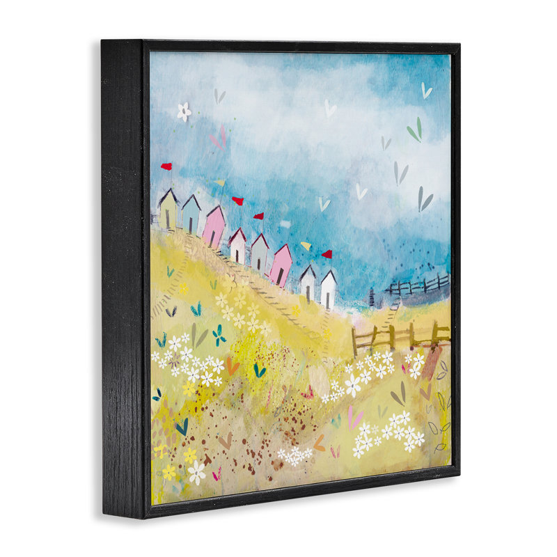 Giclée encadrée, "Beach Huts on Hillside", conception par Clare Tupper, H 17 po x l 17 po, Giclée encadrée noir minuit