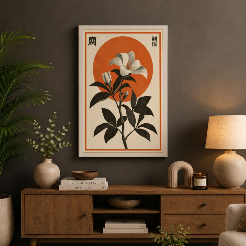 Moonlit Flower Japandi - Wrapped Canvas, 36x24 - 91.4 x 61.0 cm, Ochre Border