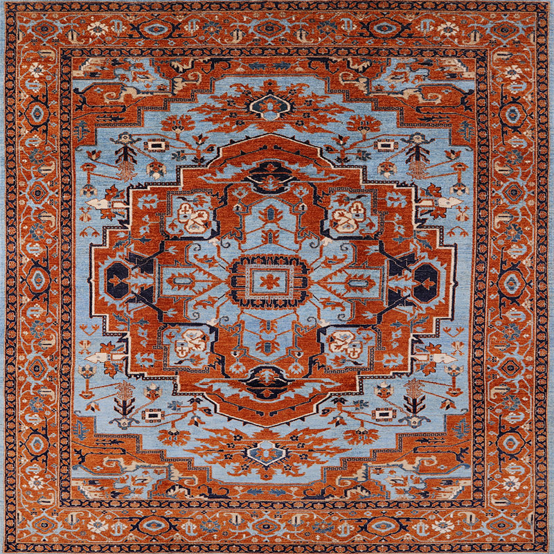 Tapis oriental orange / bleu, Carré 6 pi