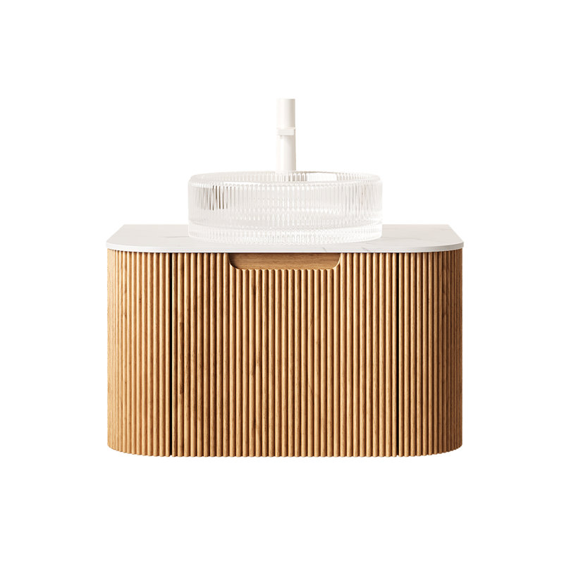 Ensemble de meuble-lavabo mural rayé courbé 24 po avec tiroir Annora Annora, Transparent Sink/Natural Wood Base