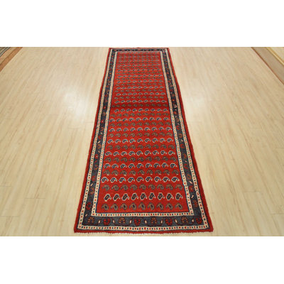 Tapis rouge rétro en laine noué à la main 3 pi 9 po x 10 pi Tribal