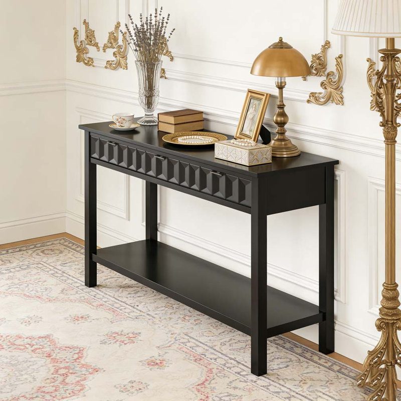 60'' Fir Veneer Entryway Table with Honeycomb-patterned Fronts,Modern Stylish Console Table, Black