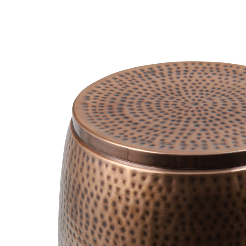 Merida 15" Modern Rustic Hammered Metal Drum Storage Side Table with Lid, Antique Copper