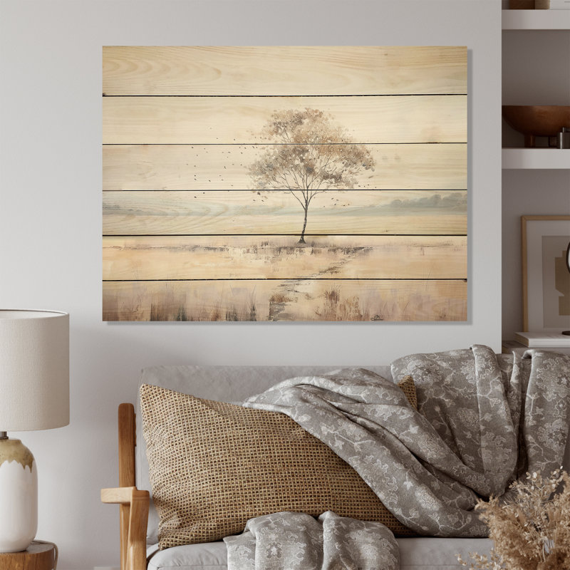 Paysage campagne minimaliste - Art mural en bois campagne sur bois de pin naturel, H 24 po x l 32 po