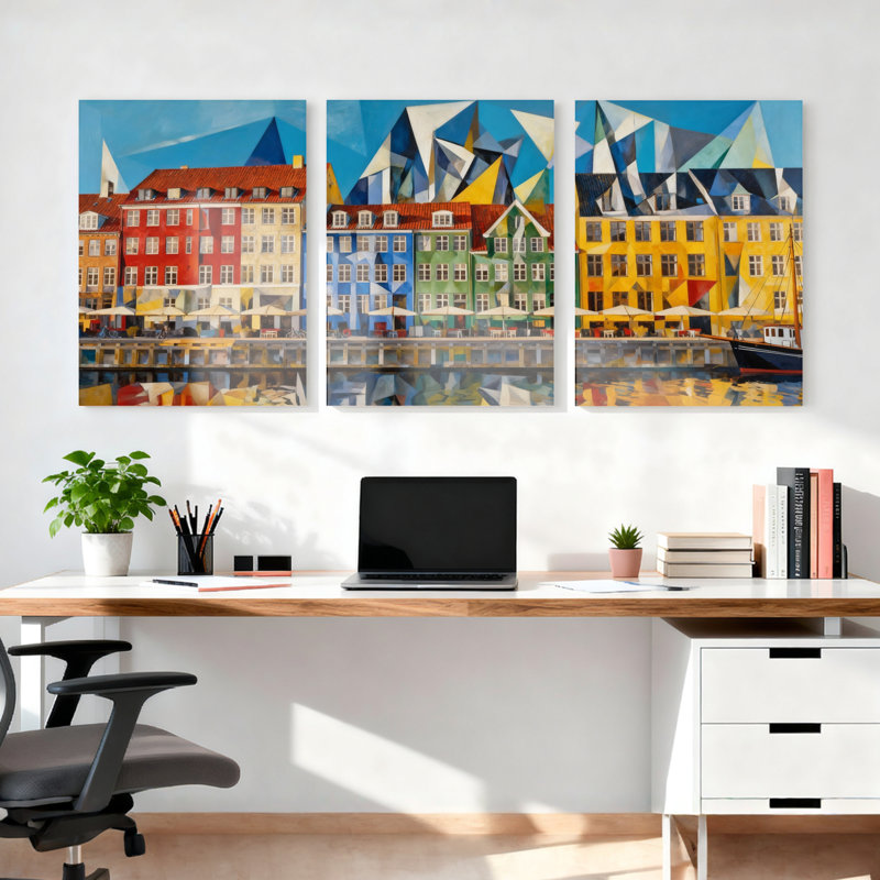 Ensemble de 3 tableaux muraux abstraits géométriques colorés sur toile tendue, H 36 po x l 72 po