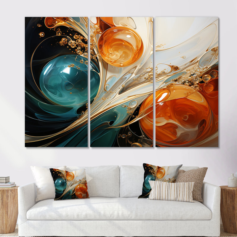 Orange et orange, planètes vagues IV - art mural abstrait, Toile tendue, H 28 po x l 36 po x P 1 po