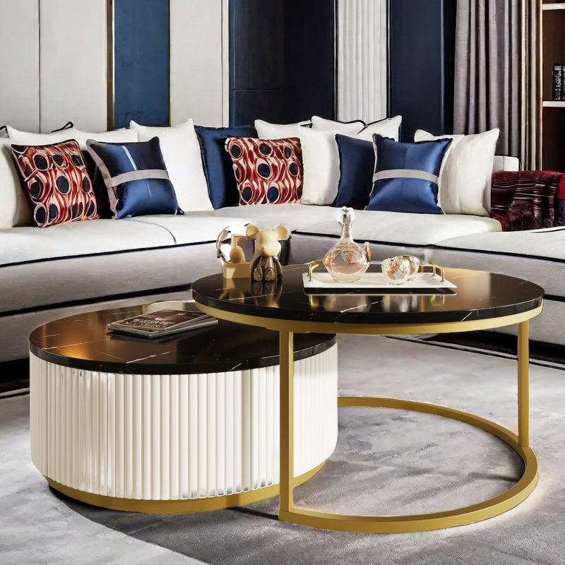 Round Nesting Coffee Table With Fluted Design And Drawers, Black