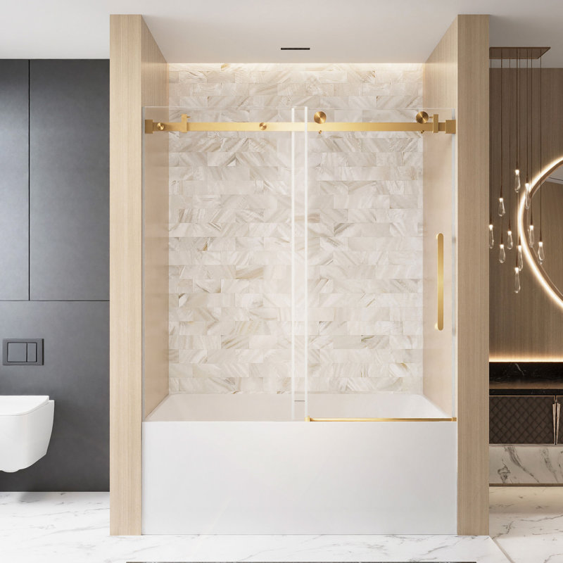 Frameless Single Sliding Shower Door  56-60 "W, 1/4 "(6 Mm) Clear Tempered Glass, Explosion Proof Film, Stainless Steel Handle Square Tube Track