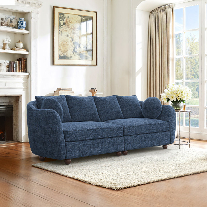 Gilardo 90.6 " Wide Modern Chenille Upholstered Sofa for Living Room, 3-Seater Couch with Solid Wood Legs, Blue