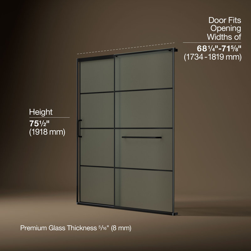 Sliding Shower Door, 75-1/2-In H X 68-1/4 - 71-5/8-In W, Frosted w/Rectangular Grid