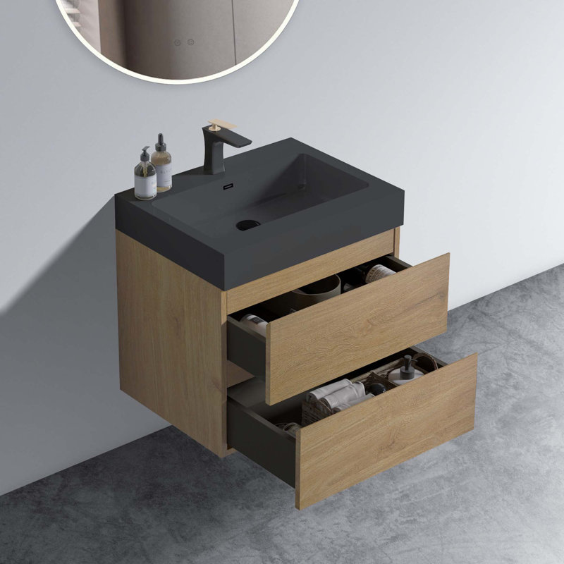 Meuble-lavabo mural moderne avec lavabo une pièce sans drain et robinet H 25,2 po x l 24 po x P 18,1 po, Noir