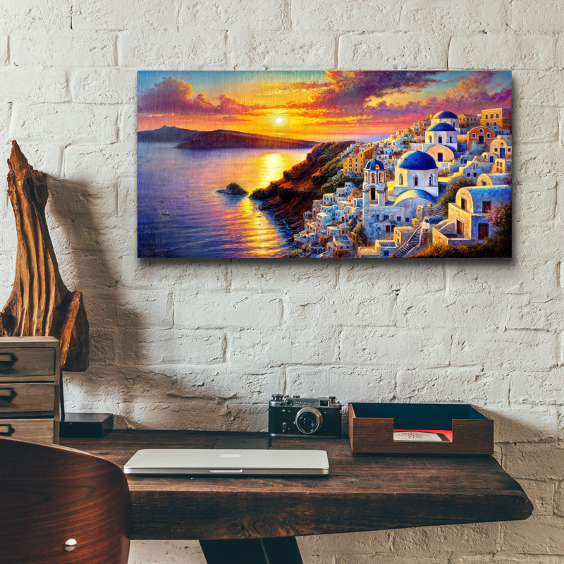 «Santorini Painted Sunset» par Rey Klimt, art mural en verre acrylique, H 12 po x l 24 po