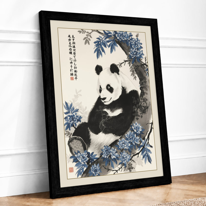 Panda in Bloom Japandi - Framed Print, A1 - 84.1 x 59.4 cm, Black