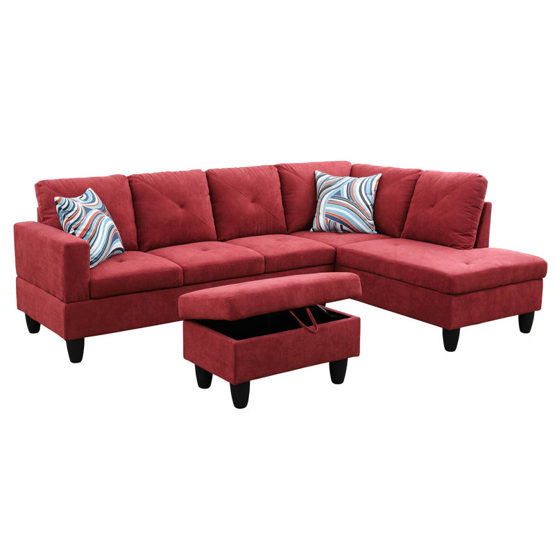Red Sackcloth Fabric L style Right Hand Facing Living Room Sofa Set, with ottoman, Red Microfiber, Right Hand Facing