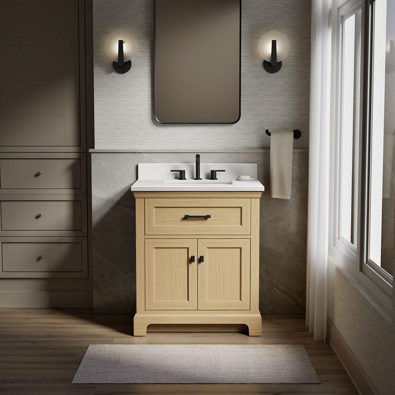 Charlemont 30 In. Bathroom Vanity Cabinet With Sink And Quartz Top, Light Oak, Matte Black, 30"