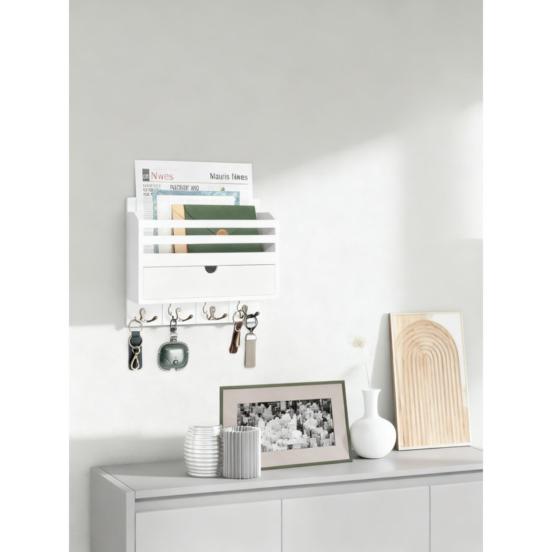 Wall Mounted Mail And Key Holder With Storage Drawer, Wooden Entryway Organizer With 7 Hooks For Keys, Mail, And Small Items, Stylish Home And Office Decor