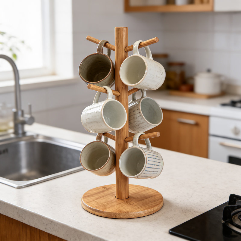 6-hook Bamboo Mug Tree  Coffee Cup Multifunctional Storage Rack