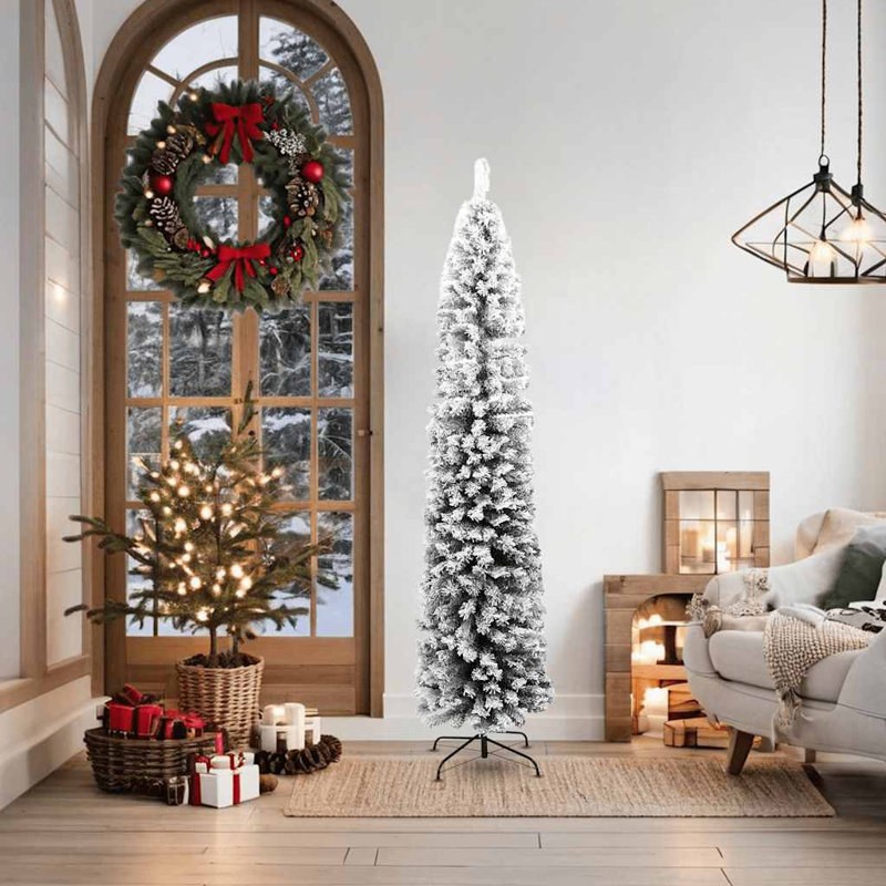Mince arbre de Noël artificiel, Vert et blanc, 82.7", avec 300 DEL et 120 boules blanches / grises