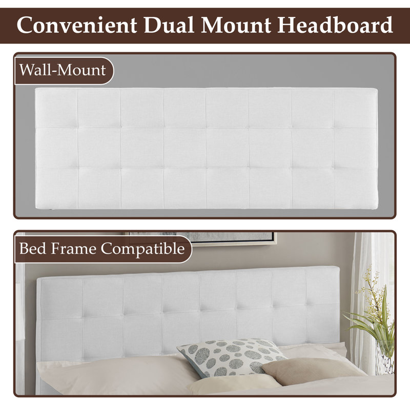 Keymond Classic Tufted Adjustable Upholstered Full Size Headboard in Linen Fabric, Metal Legs, White