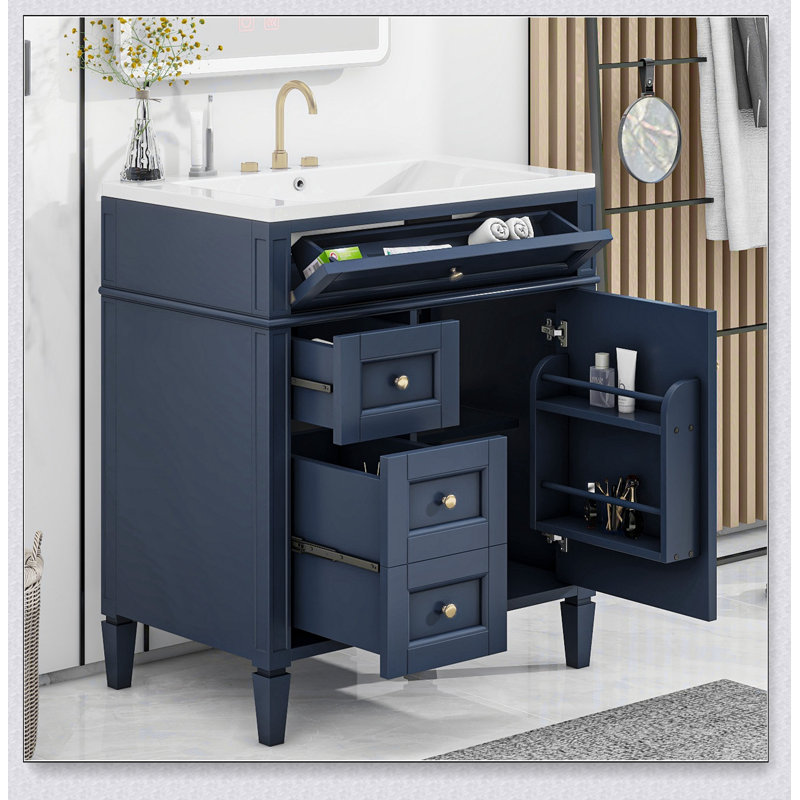 Meuble-lavabo de salle de bain 30 po avec lavabo supérieur, meuble-lavabo moderne avec 2 tiroirs et tiroir basculant, meuble-lavabo simple
