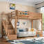 Lit mezzanine simple en bois massif avec garde-robe intégrée, rangement et tablettes à côté, garde-corps pleine longueur, escalier, aucun sommier requis, naturel profond-133491227-133491225