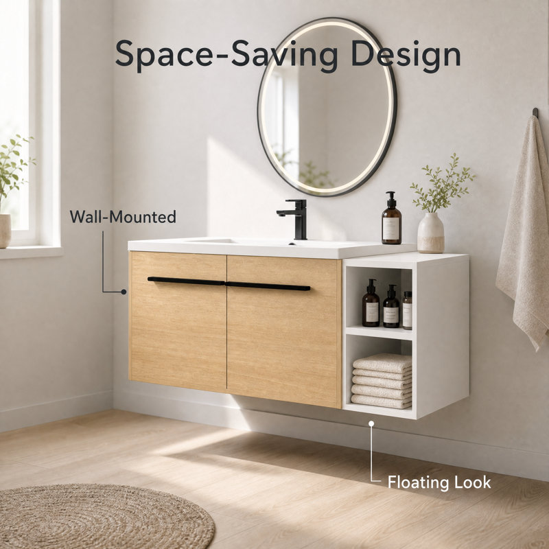 Meuble-lavabo mural 48 po avec lavabo en résine, 2 portes à fermeture douce et tablettes ouvertes, ensemble de meuble-lavabo flottant en chêne naturel pour petite salle de bain