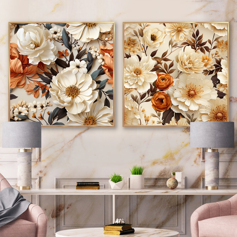 Thatcham - Ensemble de 2 collages floraux carrés, Cadre flottant doré, H 30 po x l 61 po