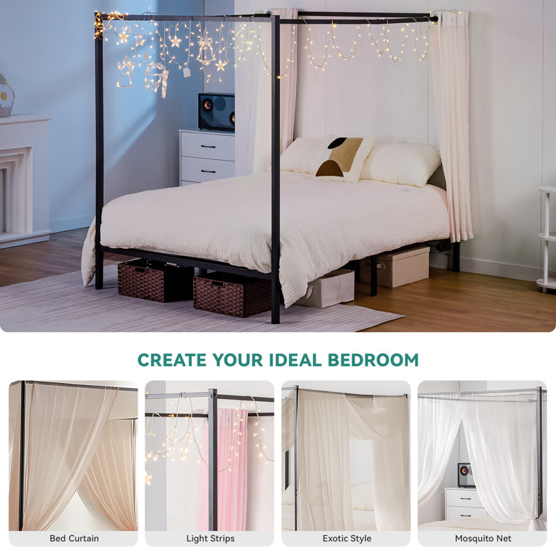 Canopy Bed Frame, Metal Bed Frame With Movable Charging Station, Four-Poster Canopy Bed With Built-In Headboard And Under Bed Storage Space, No Box Spring Needed, Easy Assembly, Black